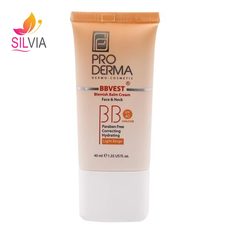بی بی کرم پوشاننده و مرطوب کننده صورت رنگی بژ روشن پوست های چرب و جوشدار SPF40 پرودرما 40 میل
