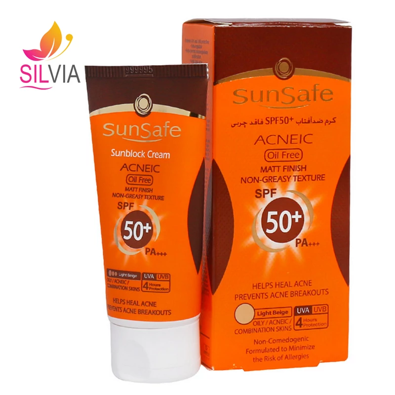 کرم ضد آفتاب فاقد چربی پوست چرب و آکنه‌ای بژ روشن SPF50 سان سیف 50 میل
