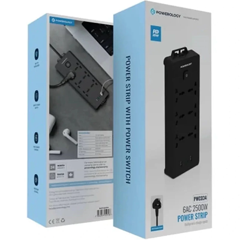 چندراهی برق پاورولوژی مدل PWCUQC034 ظرفیت 2500 وات با 6 پریز