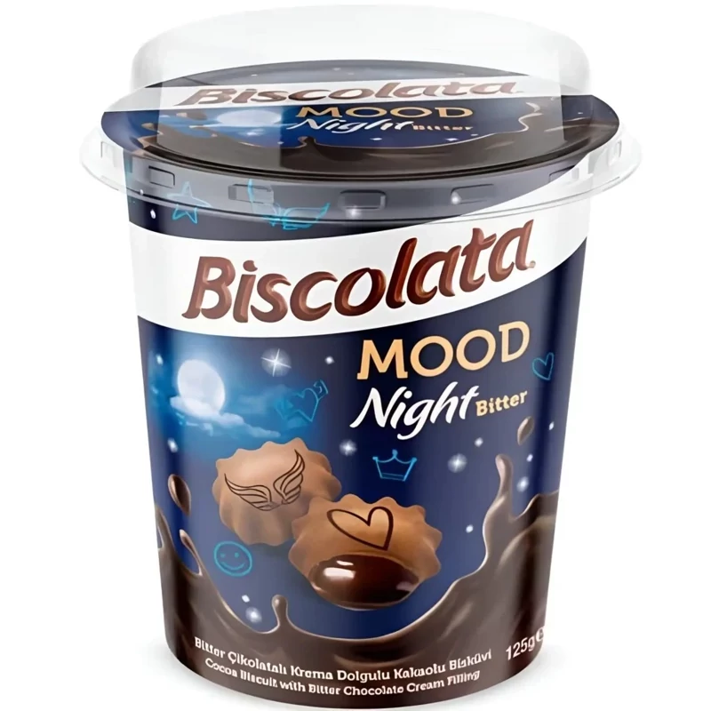 بیسکوییت بیسکولاتا مود لیوانی با مغز کرم شکلات تلخ Biscolata Mood Night Bitter وزن 125 گرم