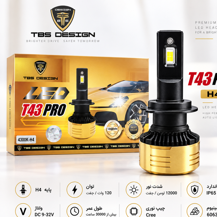 هدلایت توبیز 120وات دورنگT43 PRO پایه H4 نورپایین زرد 3800 کلوین، نور بالا سفید 6000 کلوین