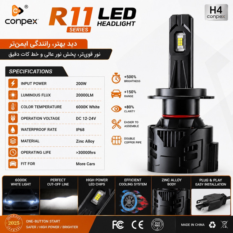 هدلایت کانپکس Conpex R11 H7 نور سفید 200 وات 6000K و 20000 لومن خط کات دقیق