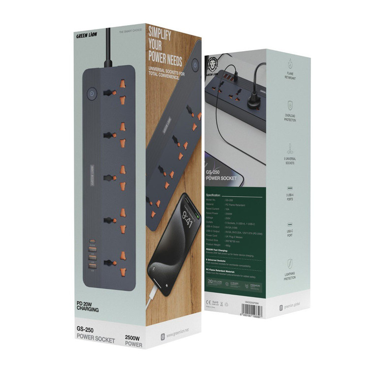 چند راهی هوشمند و شارژر Green Lion مدل GS-250 Power Socket 2500W