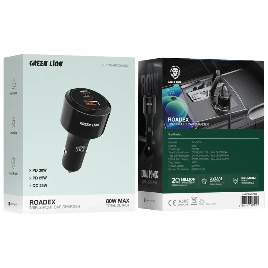 شارژر فندکی Green Lion Roadex 80W شارژ سریع 3 دستگاه بهصورت همزمان