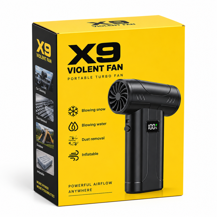 دمنده شارژی پرقدرت X9 Violent Fan جت فن قابل حمل با نمایشگر شارژ و چراغ LED، مناسب خودرو و نظافت