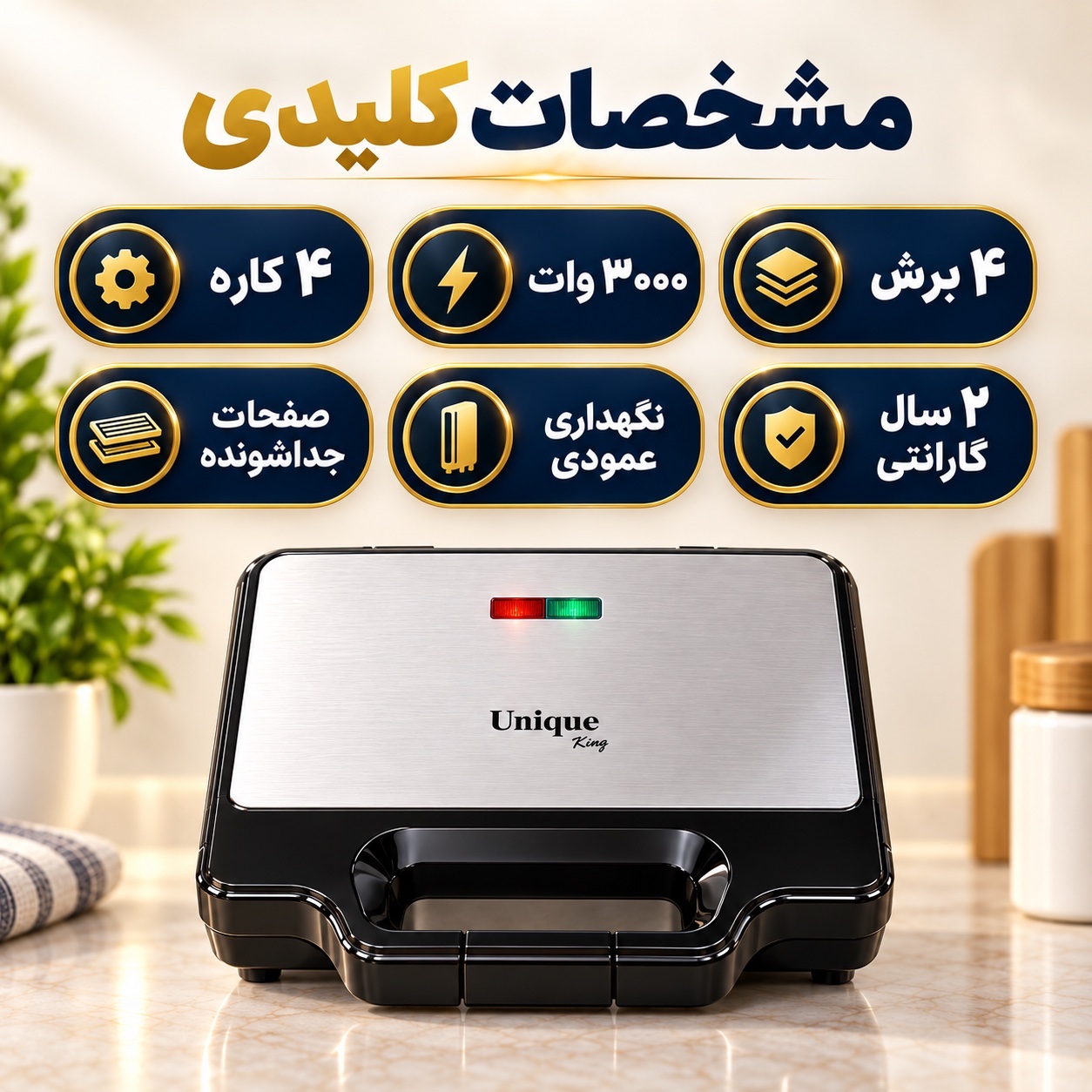 ساندویچ ساز 4 کاره یونیک کینگ MN-2080 ساندویچ، گریل، وافل و دونات در یک دستگاه