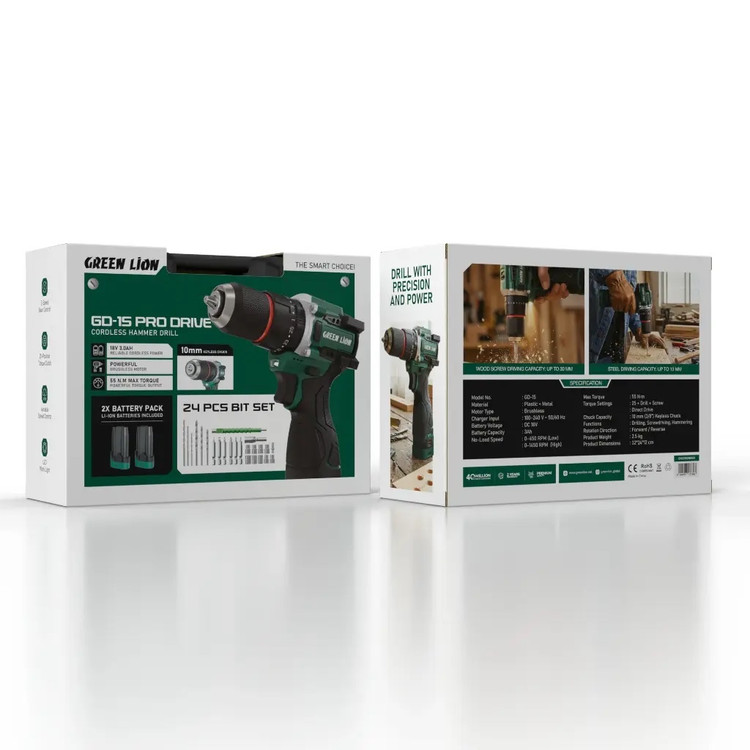 دریل چکشی شارژی گرین لاین GD 15 Pro Drive موتور براشلس 55 نیوتنمتر، دو باتری 18 ولت + ست 24 پارچه
