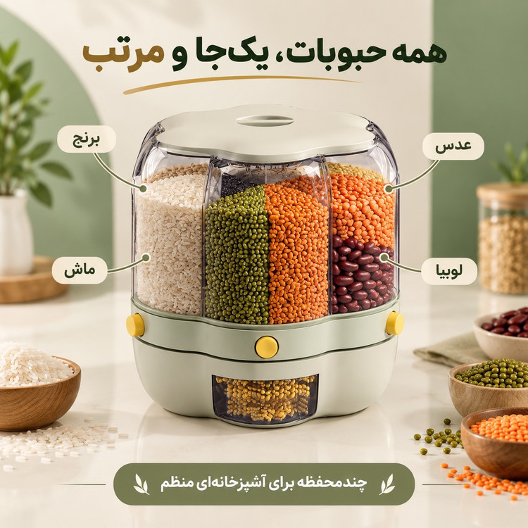 بانکه چرخشی جا حبوباتی و جا برنجی 10 لیتری چندمحفظه، برداشت آسان و بهداشتی