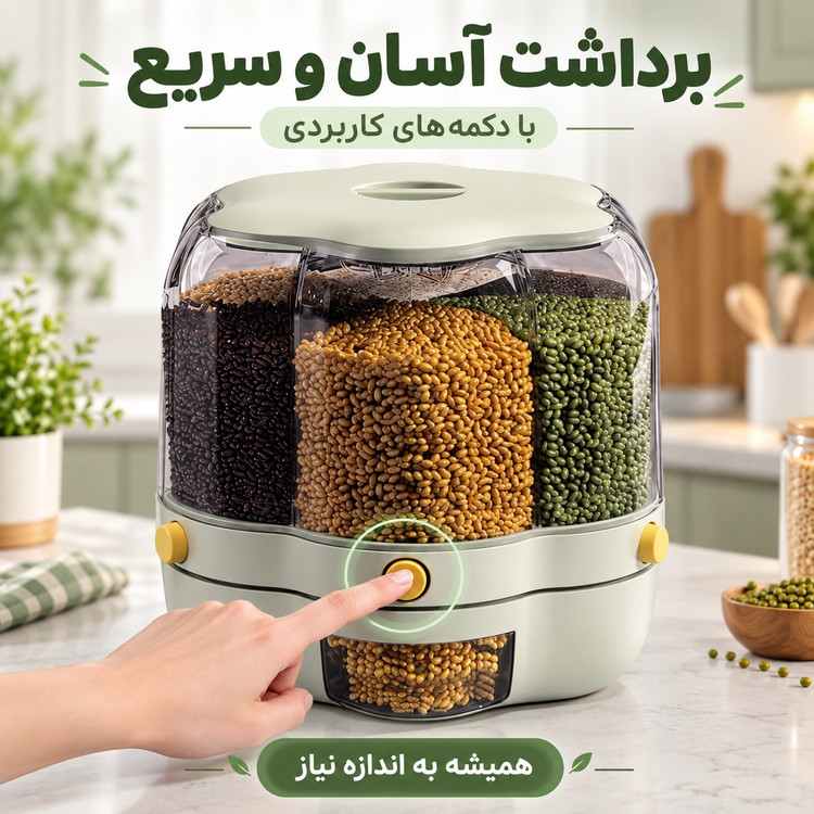 بانکه چرخشی جا حبوباتی و جا برنجی 10 لیتری چندمحفظه، برداشت آسان و بهداشتی