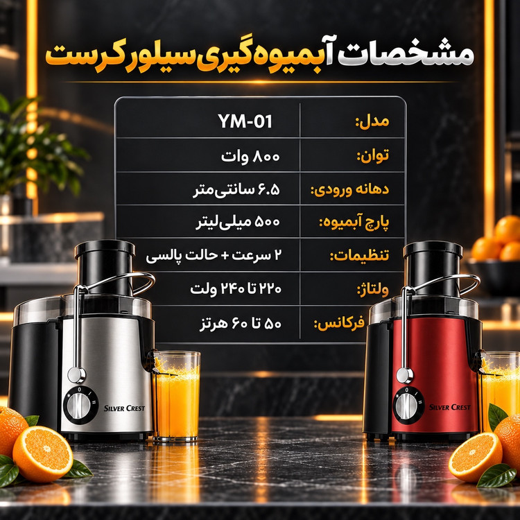 آبمیوه گیری سیلور کرست مدل YM-01 ، دهانه بزرگ 6.5 سانتی و بدنه استیل