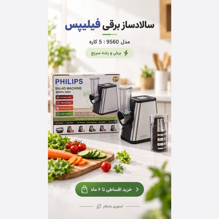 سالاد ساز برقی فیلیپس مدل 9560 رنده و برش 5 کاره 650 وات بدنه استیل