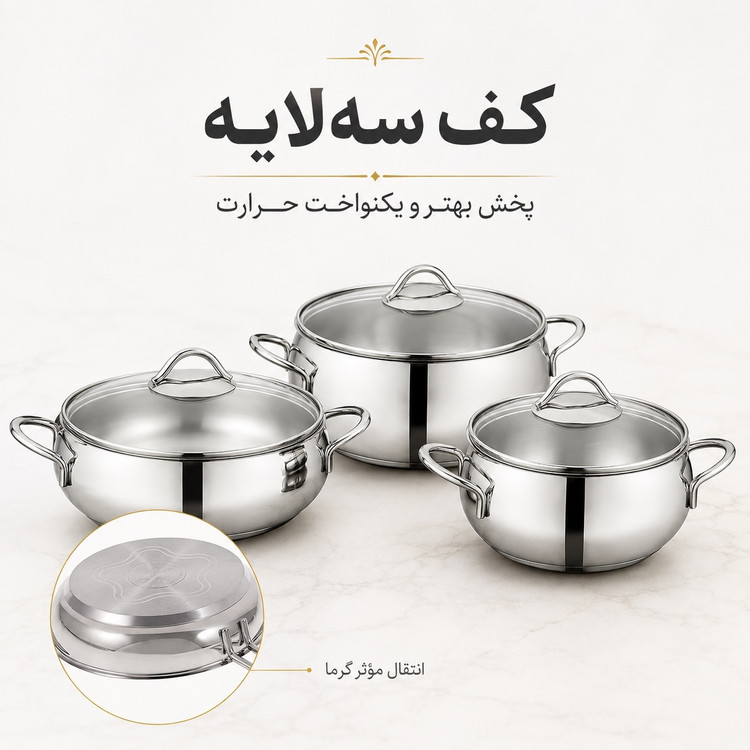 سرویس قابلمه 9 پارچه کرکماز مدل Tombik A1800 استیل 18/10، کف سهلایه، درب شیشهای