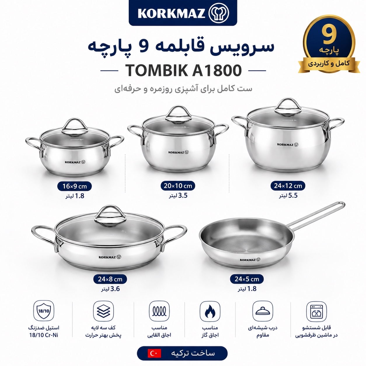 سرویس قابلمه 9 پارچه کرکماز مدل Tombik A1800 استیل 18/10، کف سهلایه، درب شیشهای