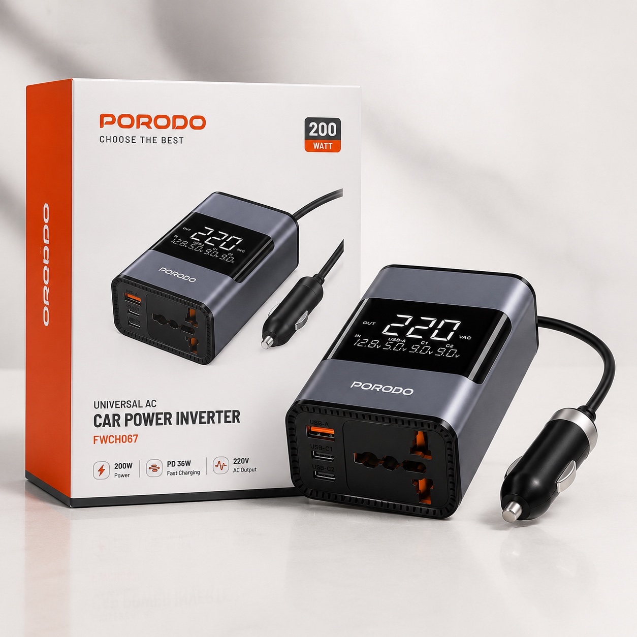 اینورتر خودرو Porodo FWCH067 برق 220 ولت 200 وات + شارژ سریع 36 وات