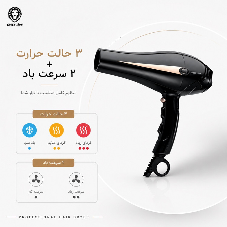 سشوار حرفه ای گرین لاین 2000 وات 3 حالت حرارت، 2 سرعت + باد سرد