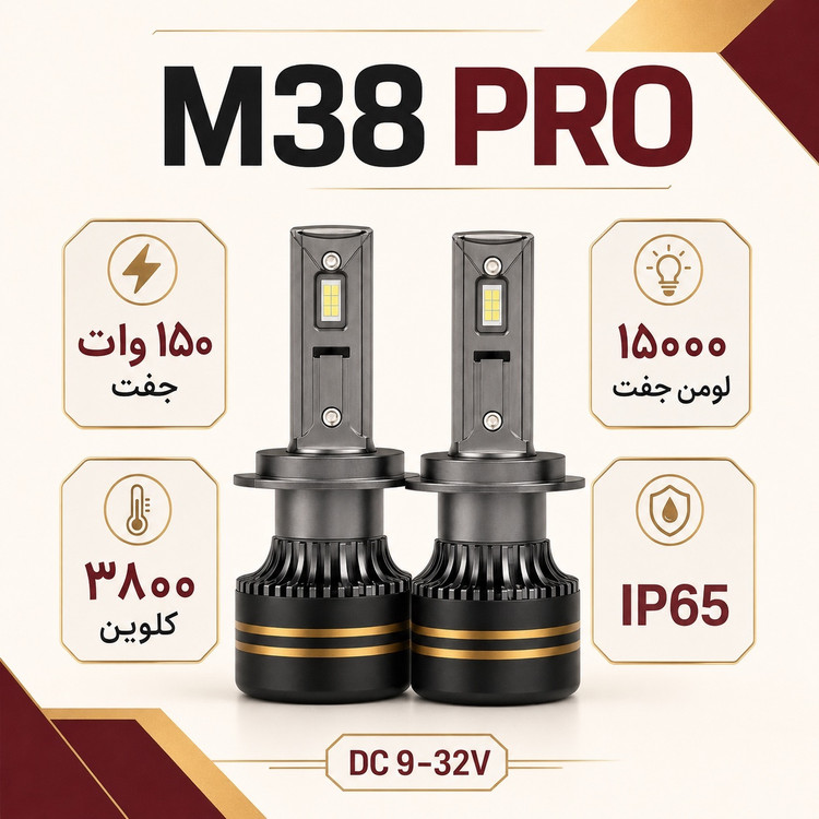 هدلایت TBS DESIGN M38 PRO پایه 9005/9006 مدل 2026 نور نچرال 3800K، توان 150 وات