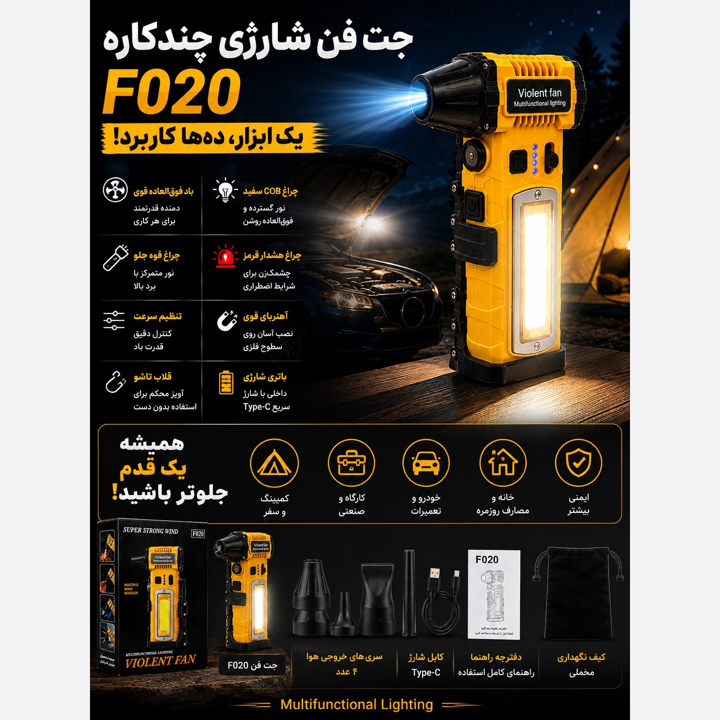 جت فن F020 وایولنت دمنده پرقدرت ، چراغ قوه COB، شارژر تایپ C و سری های کاربردی