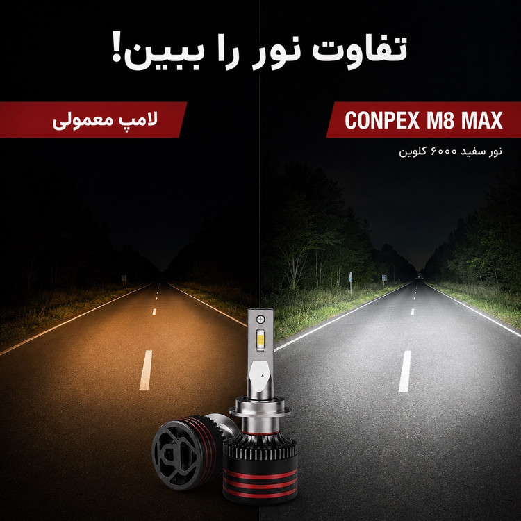 هدلایت کانپکس CONPEX M8 MAX پایه H1 جفتی توان 150 وات، 15000 لومن و نور 6000K