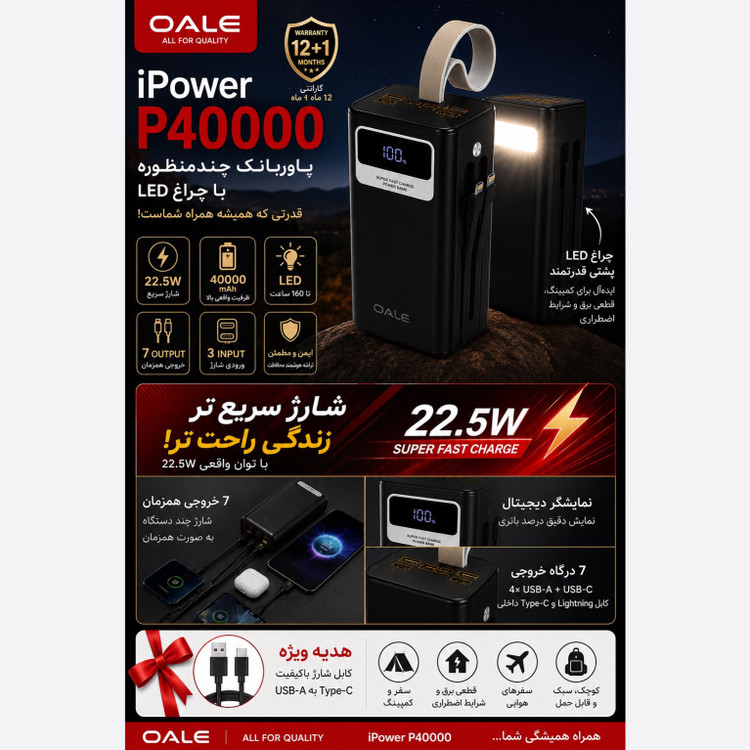پاوربانک OALE P40000 غول شارژ 22.5 وات با چراغ LED و کابل داخلی