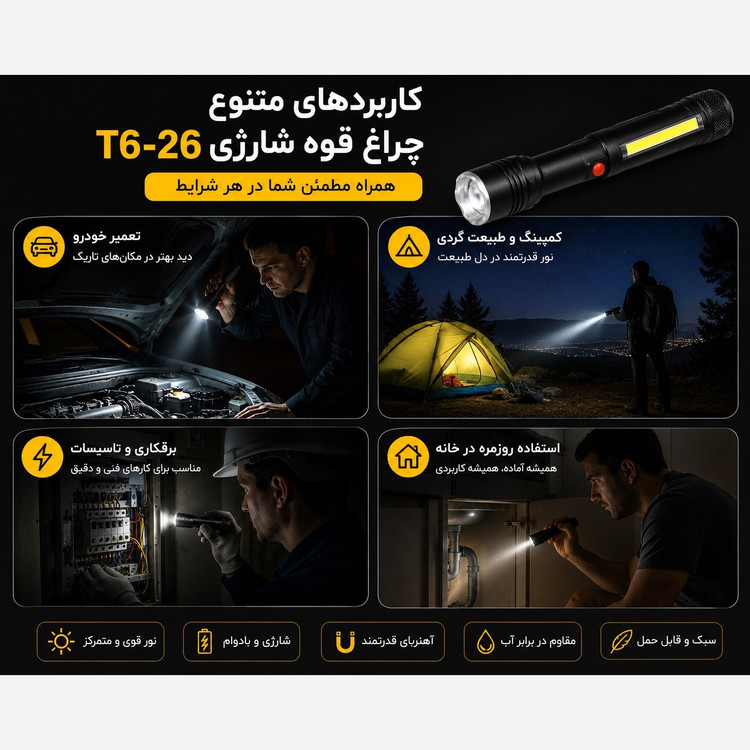 چراغ قوه شارژی T6-26 زومدار COB و XPE نور قدرتمند و شارژ USB