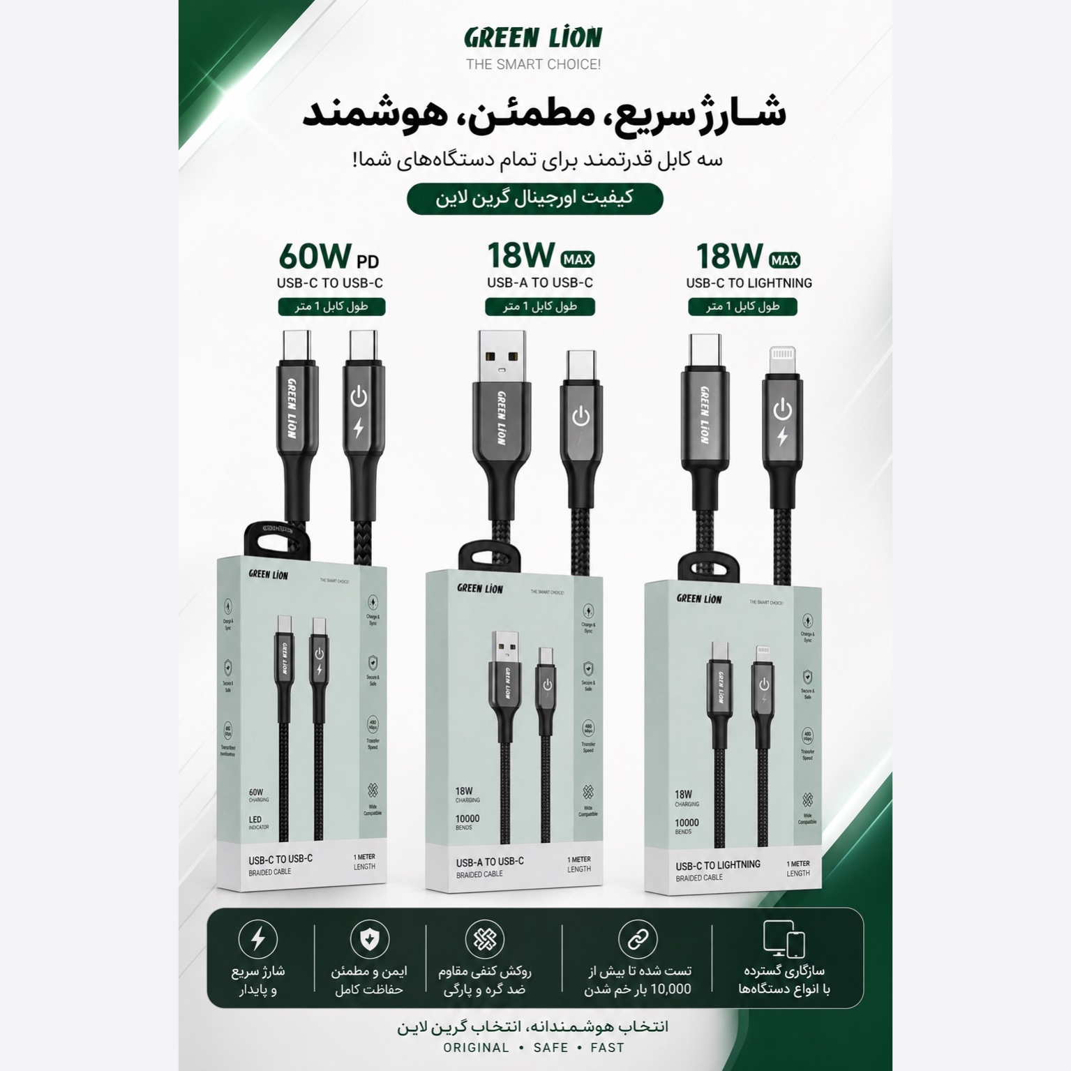 کابل شارژ Green Lion USB-C به USB-C فست شارژ 60 وات PD طول 1 متر روکش کنفی