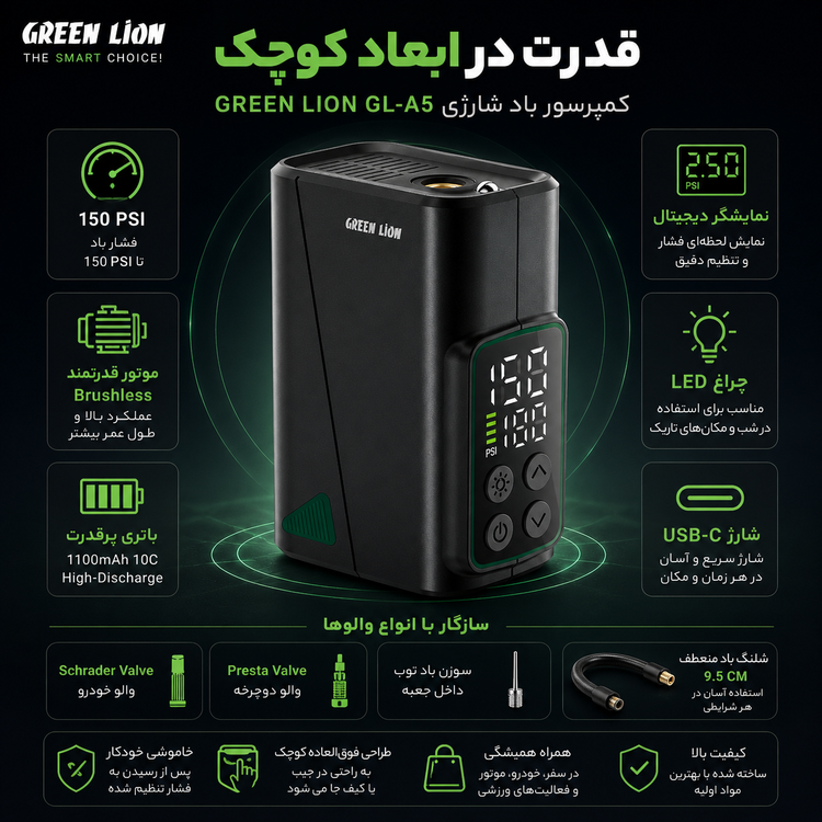 کمپرسور باد شارژی Green Lion GL-A5 فشار 150 PSI موتور Brushless نمایشگر دیجیتال