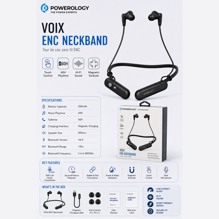 هدست گردنی Powerology VOIX ENC با 60 ساعت شارژدهی، ENC، بلوتوث 6.0