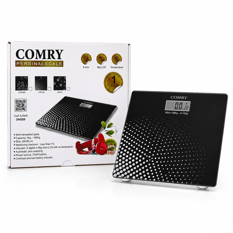 ترازو دیجیتال شیشه ای کمری (COMRY) - تحمل وزن 180 کیلو - نمایش دما - LCD بزرگ