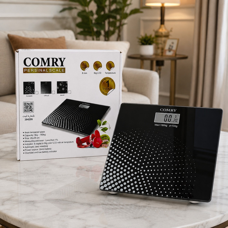 ترازو دیجیتال شیشه ای کمری (COMRY) - تحمل وزن 180 کیلو - نمایش دما - LCD بزرگ