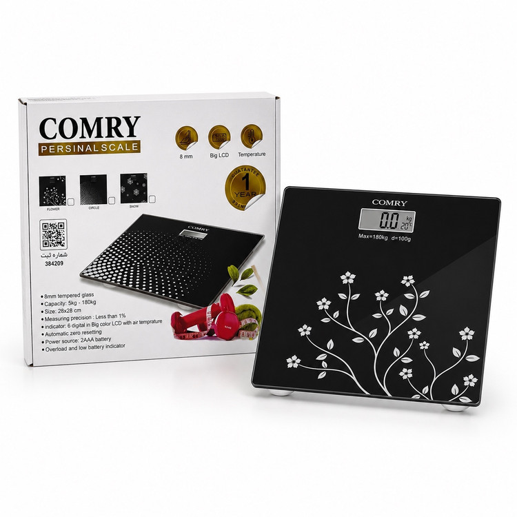 ترازو دیجیتال شیشه ای کمری (COMRY) - تحمل وزن 180 کیلو - نمایش دما - LCD بزرگ