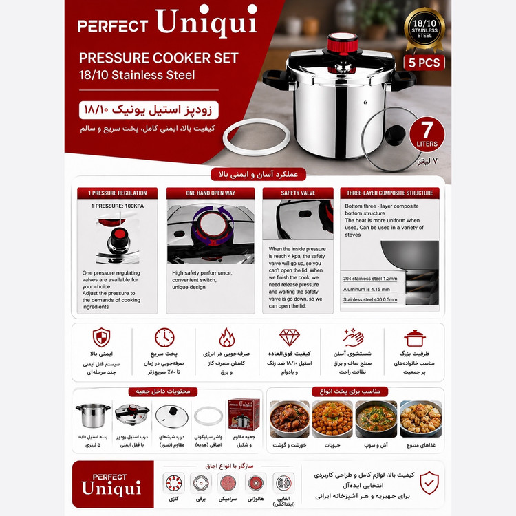 زودپز استیل یونیک 7 لیتری استیل 18/10 درب شیشه ای 5 پارچه