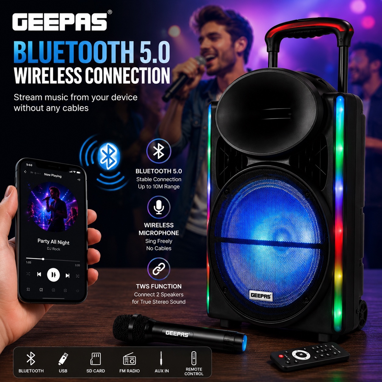 اسپیکر شارژی جیپاس GMS8567 همراه میکروفون بیسیم و ریموت