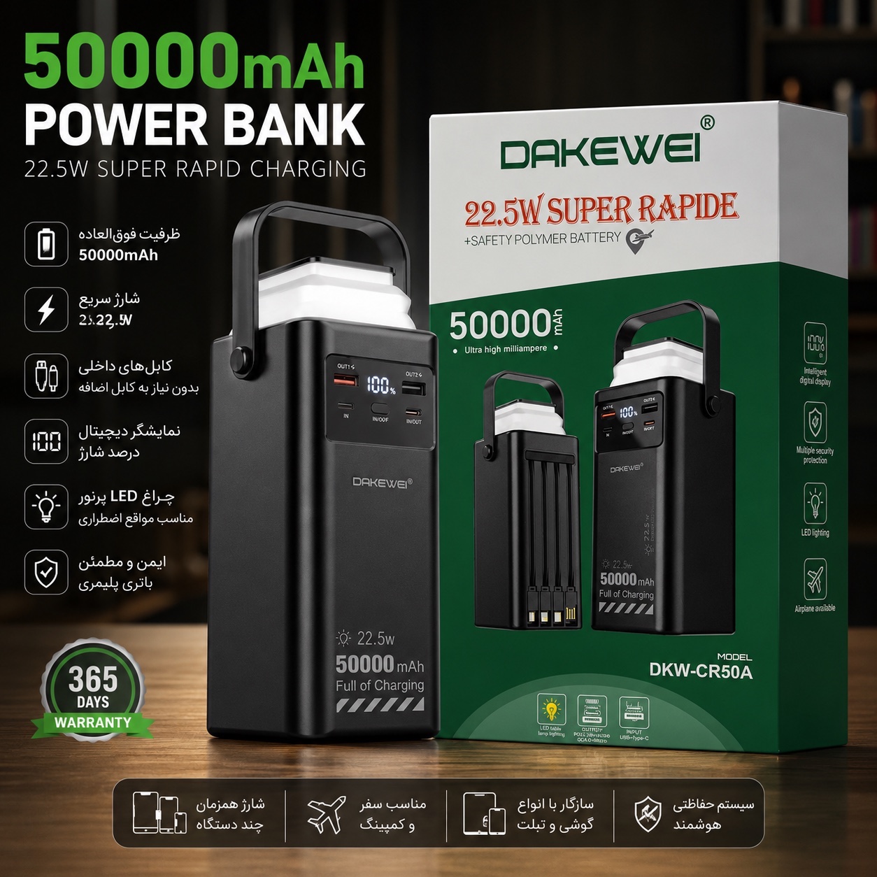 پاوربانک 50000 میلی آمپری DAKEWEI شارژ سریع 22.5 وات همراه کابلهای داخلی و نمایشگر دیجیتال