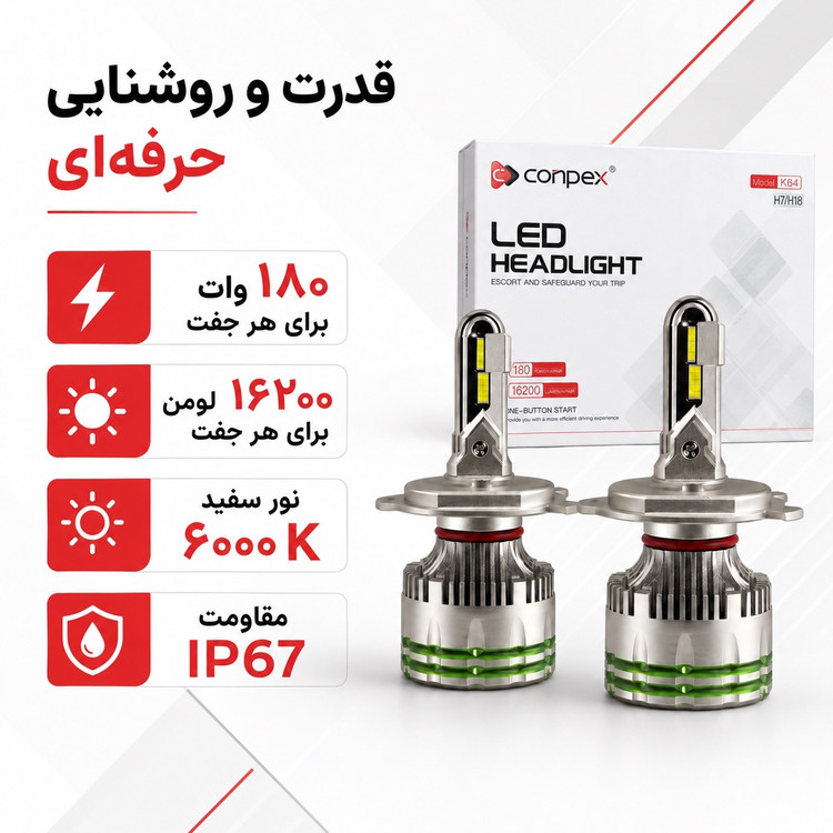 هدلایت پرقدرت کانپکس Conpex K64 پایه H7 توان 180 وات و روشنایی 16200 لومن