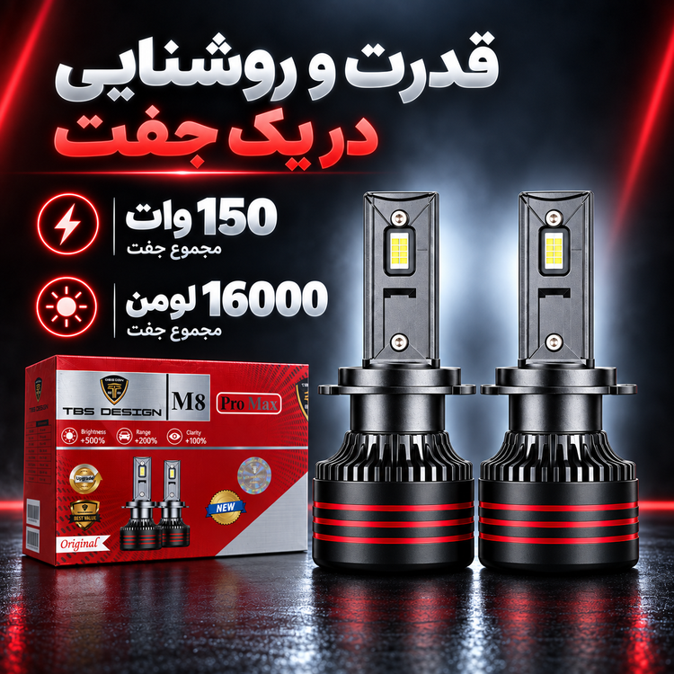 هدلایت توبیز TBS Design M8 Pro Max پایه 9005/9006 نور سفید یخی 6000K