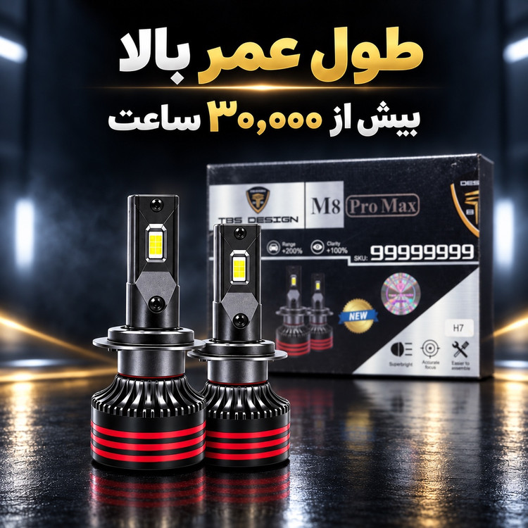 هدلایت TBS Design M8 Pro Max پایه H7 نور یخی 6000K