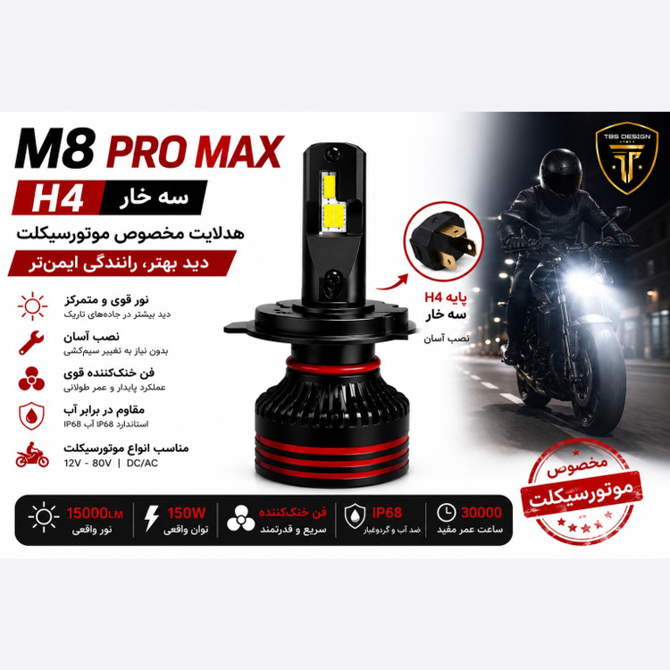 هدلایت تکی موتور سیکلت M8 Pro توبیز پایه H4 با گارانتی
