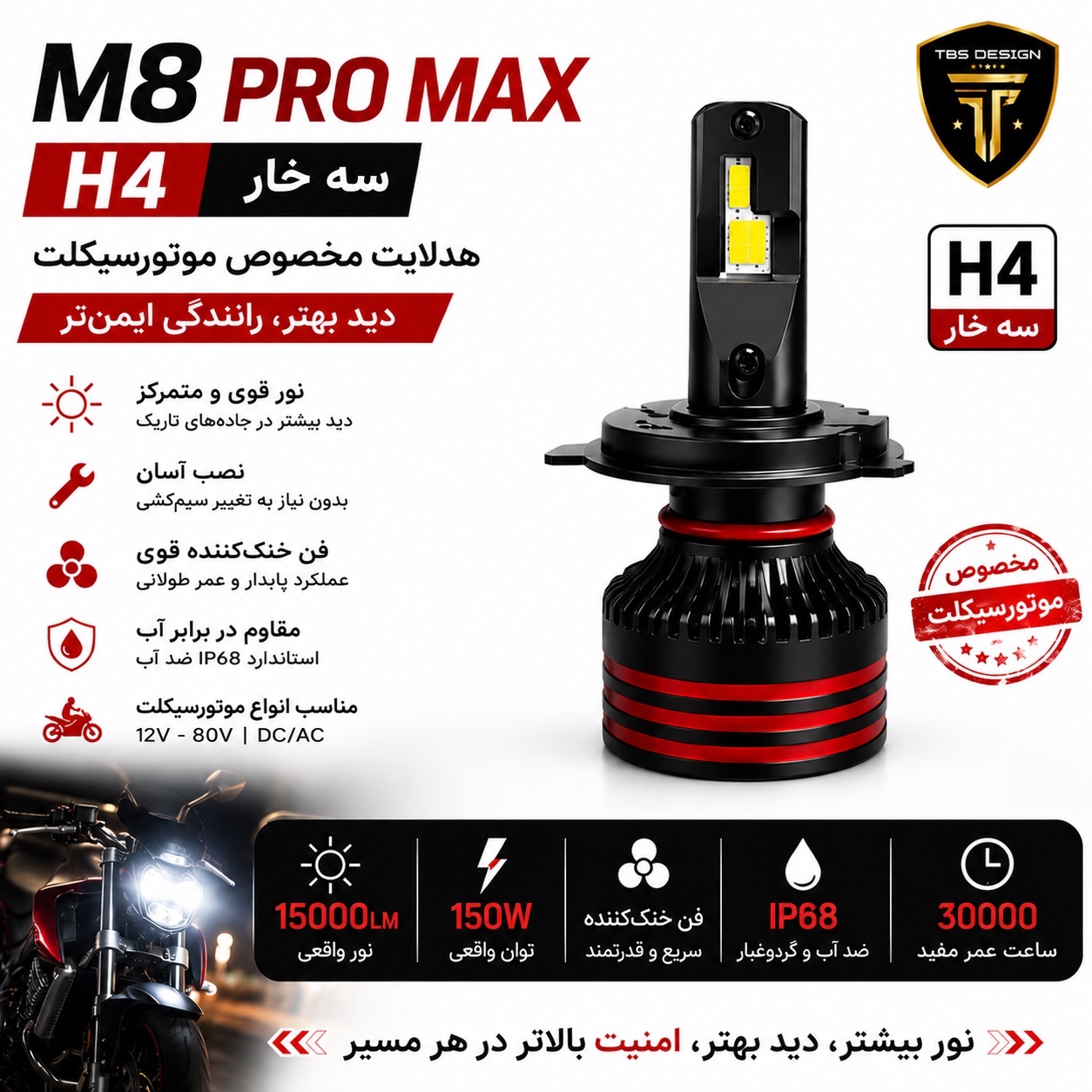 هدلایت تکی موتور سیکلت M8 Pro توبیز پایه H4 با گارانتی
