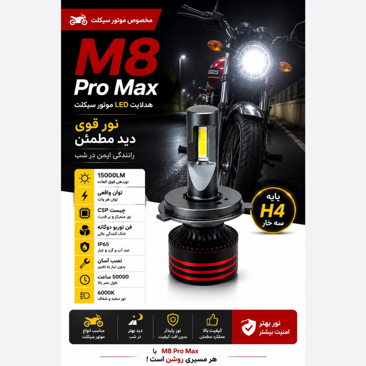 هدلایت موتور سیکلت M8 Pro نور سفید پایه H4 سه خار