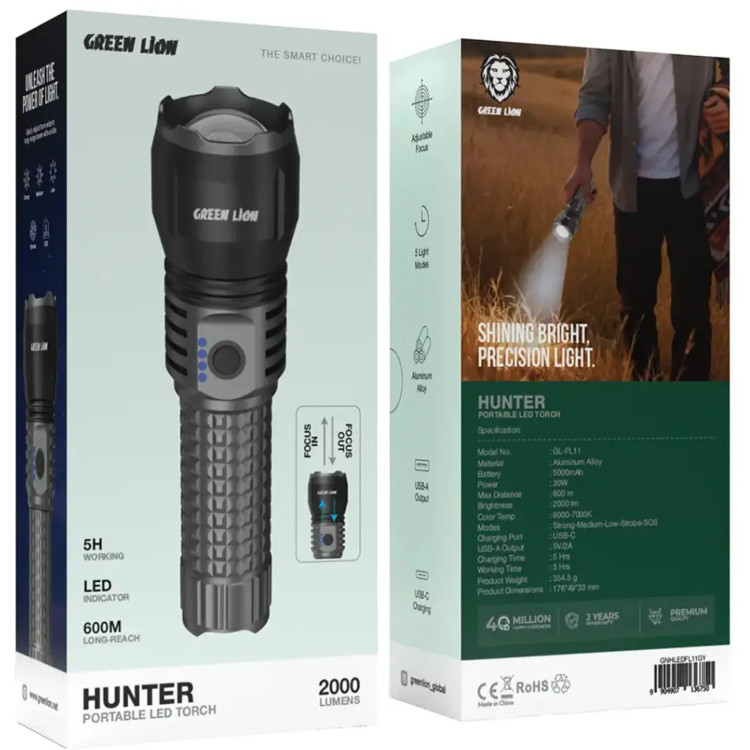 چراغ قوه شارژی گرین لاین Green Lion مدل Hunter GL-FL11 برد 600 متر
