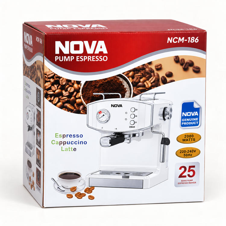 اسپرسوساز نوا مدل NCM-186 اصل، فشار 25 بار،دستگاه قهوه ساز اسپرسو و کاپوچینو با گارانتی