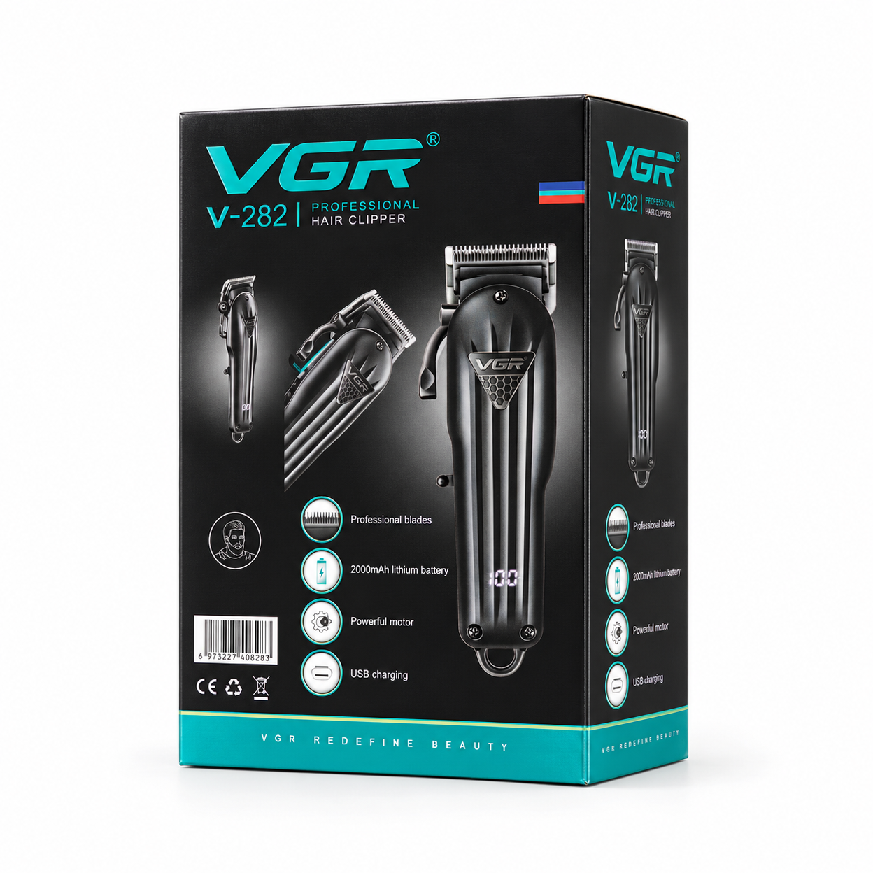ماشین اصلاح موی سر وی جی آر VGR V-282 حجم زن و فید زن اهرمدار با تیغه تیتانیوم، نمایشگر LED و گارانتی
