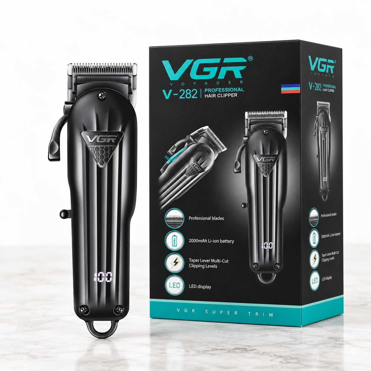 ماشین اصلاح موی سر وی جی آر VGR V-282 حجم زن و فید زن اهرمدار با تیغه تیتانیوم، نمایشگر LED و گارانتی