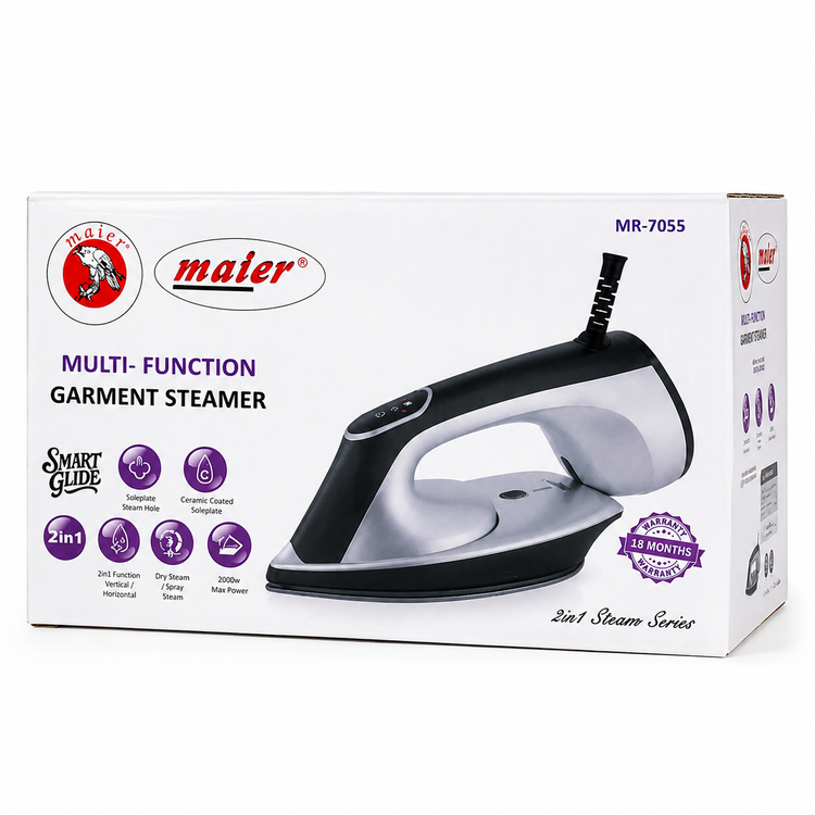 اتو بخار و بخارگر 2 در 1 مایر مدل MR-7055، توان 2000 وات، کفی سرامیکی و بخاردهی عمودی و افقی