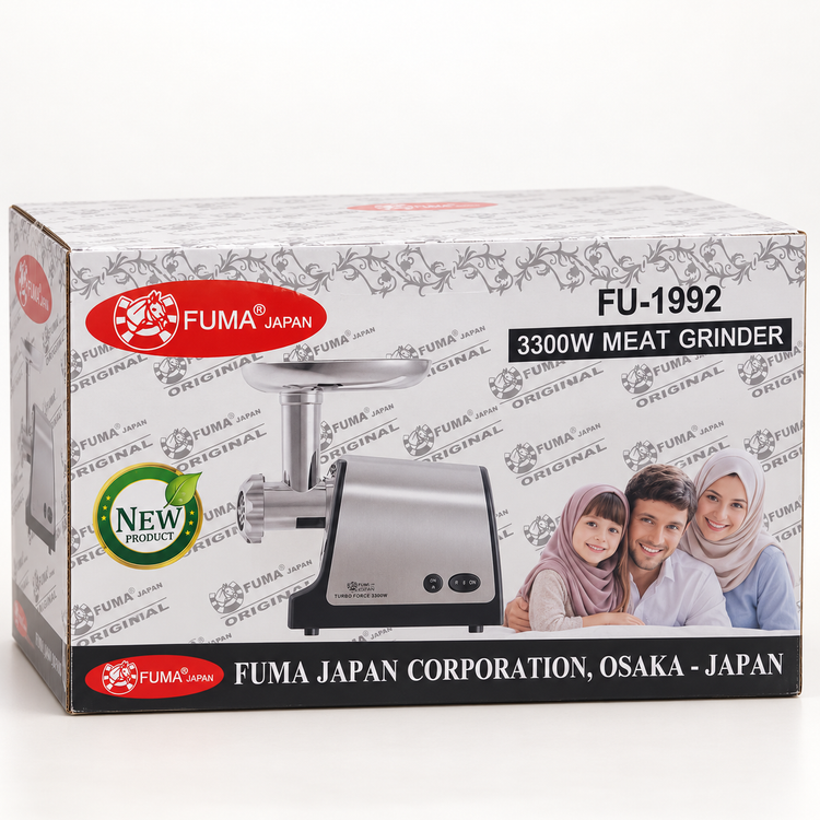 چرخ گوشت فوما مدل FU-1992 توان حداکثر 3300 وات، تیغه استیل ضدزنگ، چرخش معکوس، سوسیسساز و کبهساز با 2 سال گارانتی