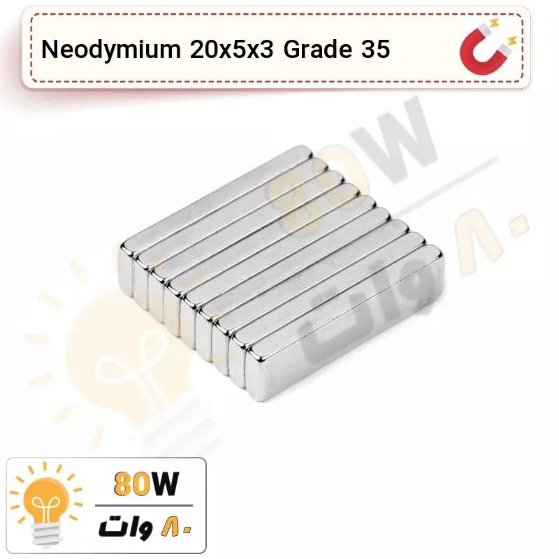 آهنربا بلوک نیودیمیوم 20x5x3 ND گرید 35