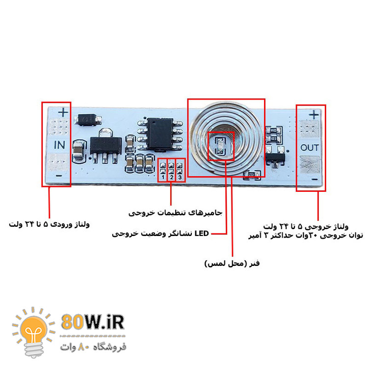 ماژول سنسور نور لمسی القایی کابینتی (فنری) 5 الی 24 ولت