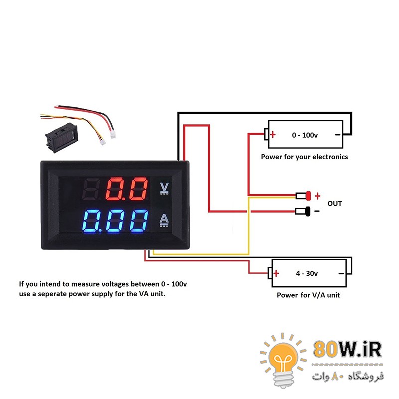 ولتمتر و آمپرمتر DC روپنلی 10 آمپر 0v-100v دو رنگ قرمز و آبی