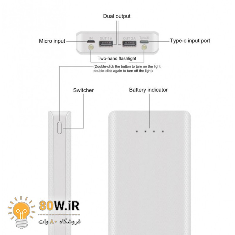 کیس پاوربانک 20000mAh با ورودی Type-C و micro USB و دو خروجی USB مدل W8
