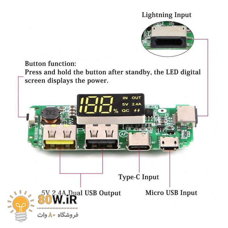 ماژول پاوربانک فست 5V 2.4A دارای نمایشگر H961